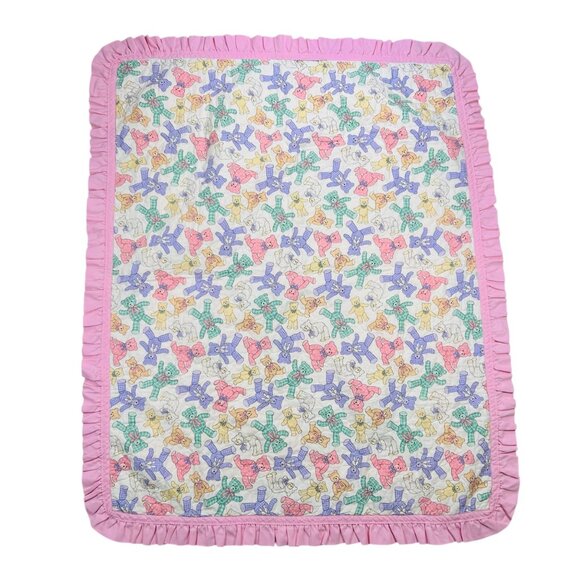Vintage Teddy Bear Baby Quilt Purple Pink Ruffle Cottage - Picture 2 of 5